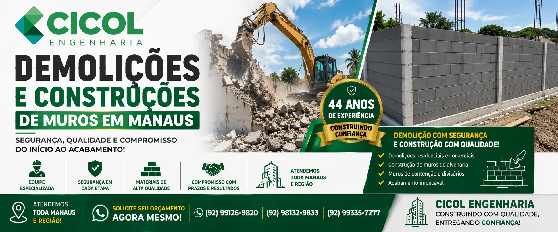Demolições e Construções de Muros em Manaus realizadas pela Cicol Engenharia para terrenos residenciais, comerciais e industriais com máxima segurança e qualidade