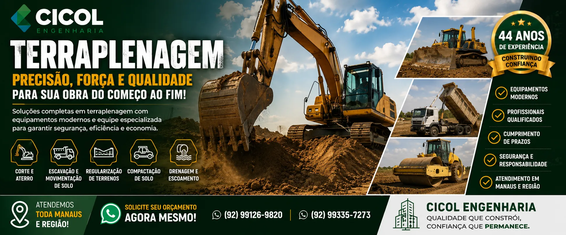 Terraplenagem em Manaus executada pela Cicol Engenharia especializada em corte, aterro, compactação de solo e nivelamento de terrenos para obras civis e industriais
